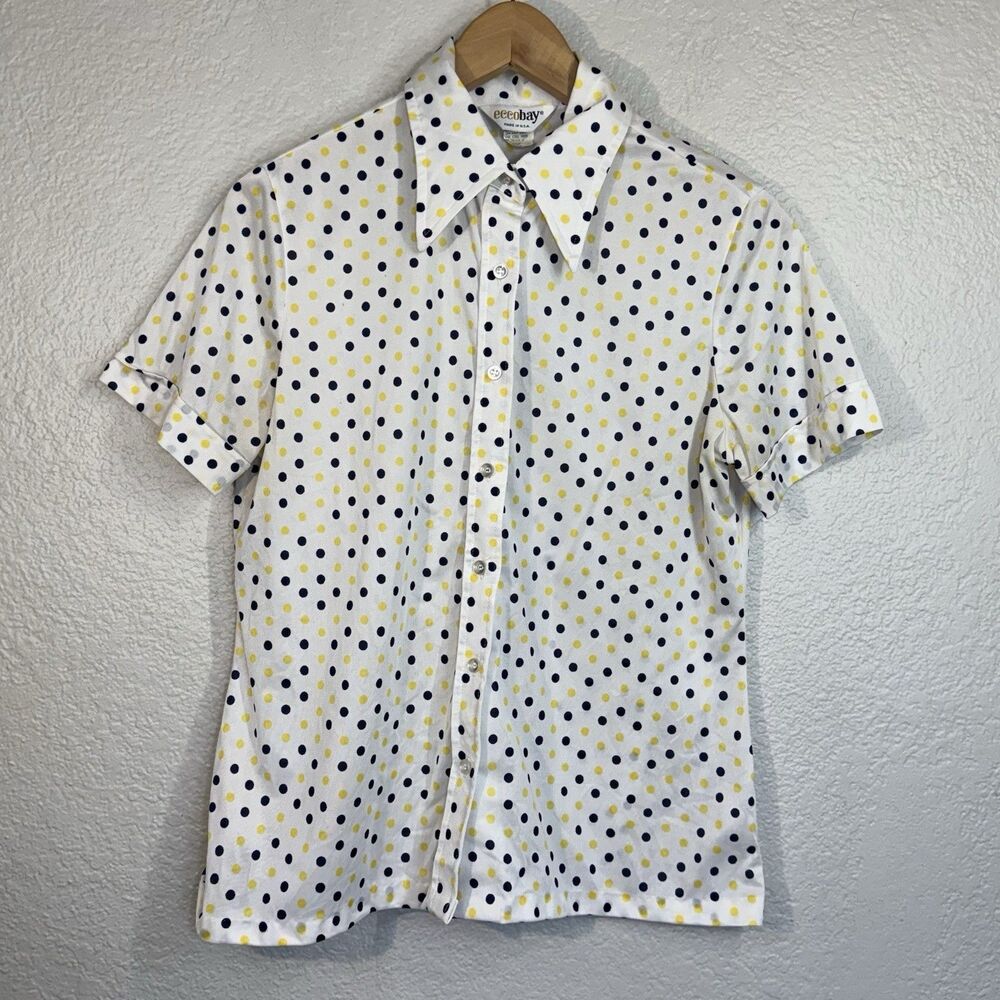 VTG 70s Eccobay Shirt Made in USA White Polka Dot Button Dagger Collar Women M